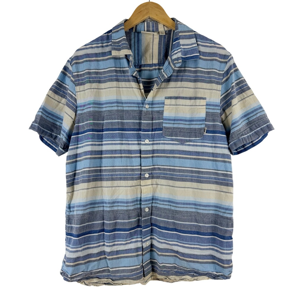 VANS Mens Large Striped Short Sleeve Button Up Shirt Casual Cotton Blue Tan